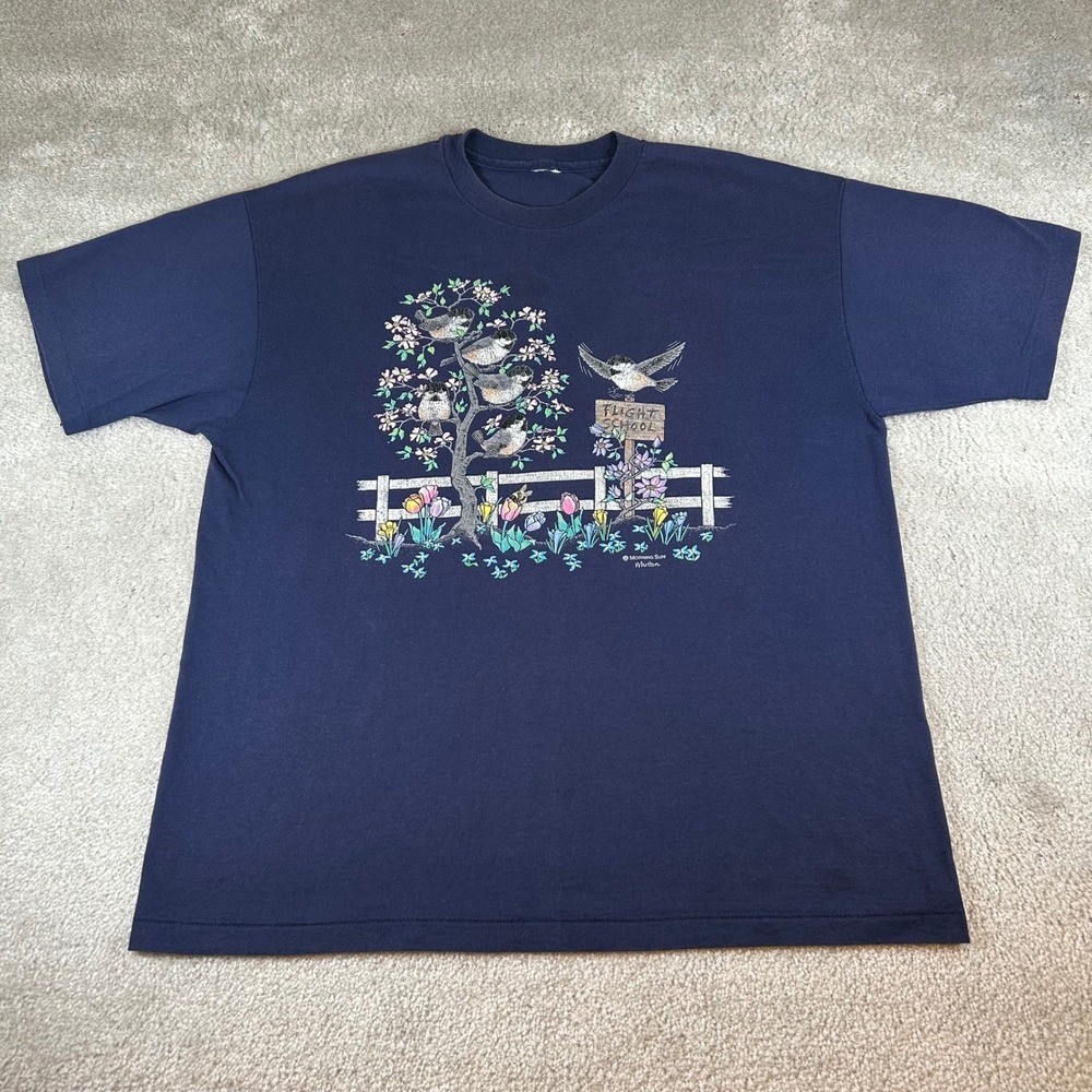 VTG Morning Sun Whitten T-Shirt Flight School Birds Tree Flowers Navy Blue XL